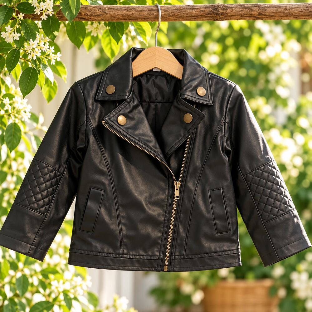 NuNu Girls Size 5 Black Faux Leather Moto Jacket Quilted Biker Rocker Streetwear